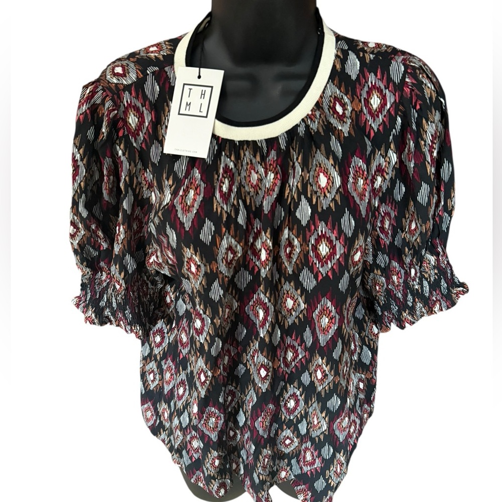 NWT THML Black Multicolor Ikat Print Floral Short Sleeve Blouse 100% Rayon - Picture 3 of 6